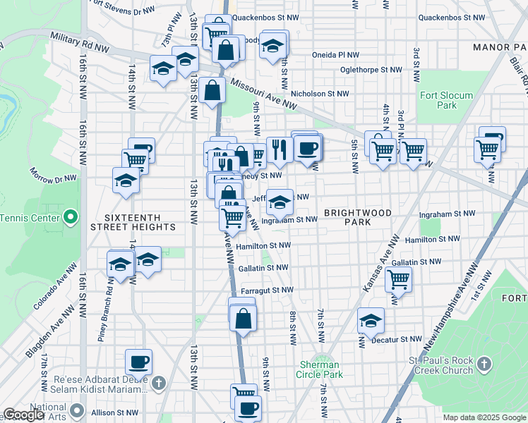 map of restaurants, bars, coffee shops, grocery stores, and more near 5309 9th Street Northwest in Washington