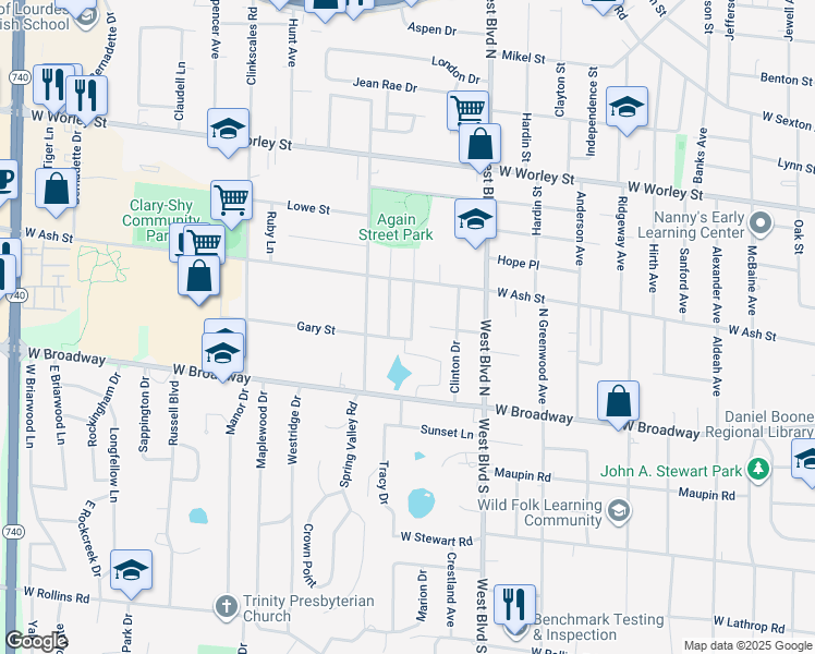 map of restaurants, bars, coffee shops, grocery stores, and more near 105 Redwood Road in Columbia