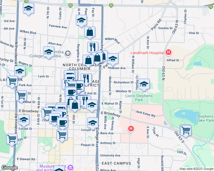 map of restaurants, bars, coffee shops, grocery stores, and more near 301 Melbourne Street in Columbia