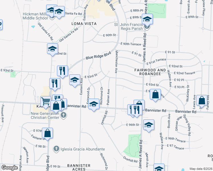 map of restaurants, bars, coffee shops, grocery stores, and more near 9307 Fairwood Drive in Kansas City