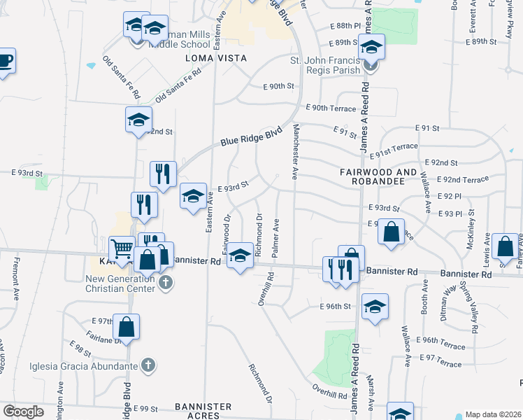 map of restaurants, bars, coffee shops, grocery stores, and more near 9307 Fairwood Drive in Kansas City