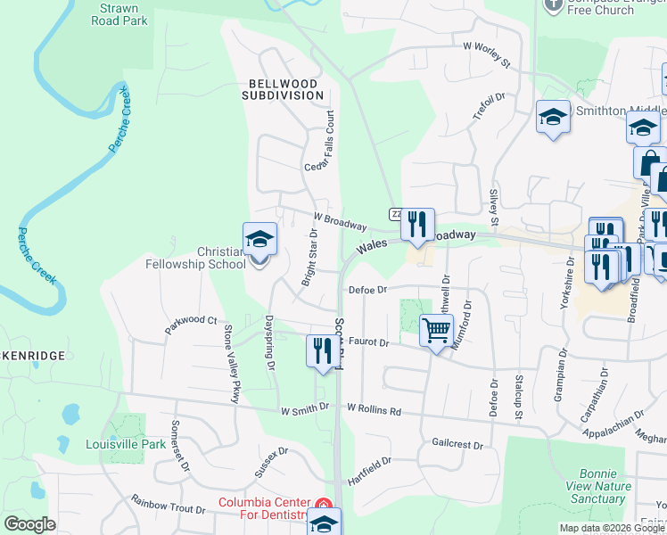 map of restaurants, bars, coffee shops, grocery stores, and more near 104 Bright Star Drive in Columbia