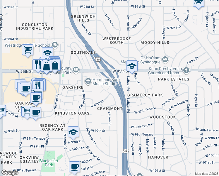 map of restaurants, bars, coffee shops, grocery stores, and more near 9615 Melrose Drive in Overland Park