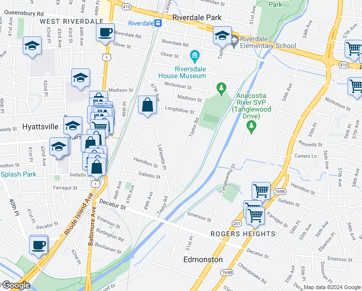 map of restaurants, bars, coffee shops, grocery stores, and more near 5406 Taylor Road in Riverdale Park