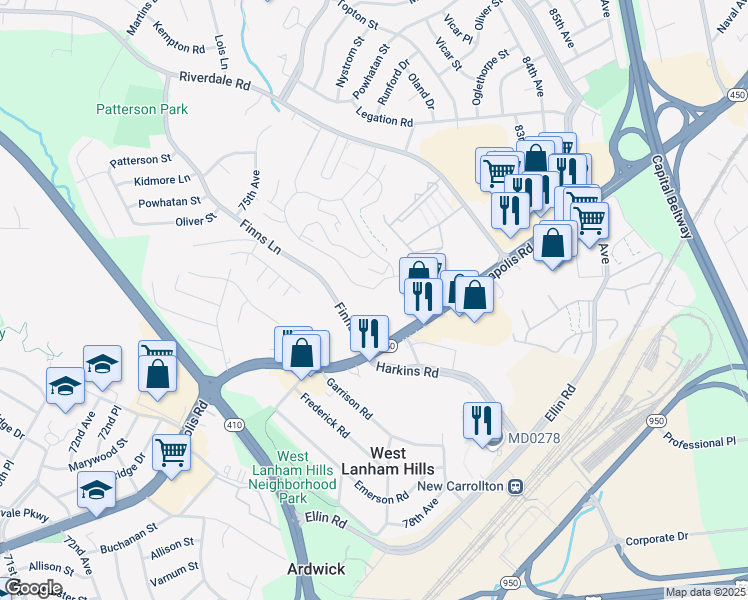 map of restaurants, bars, coffee shops, grocery stores, and more near 7748 Finns Lane in Lanham