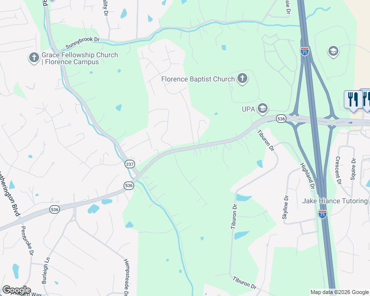 map of restaurants, bars, coffee shops, grocery stores, and more near Mount Zion Road in Florence
