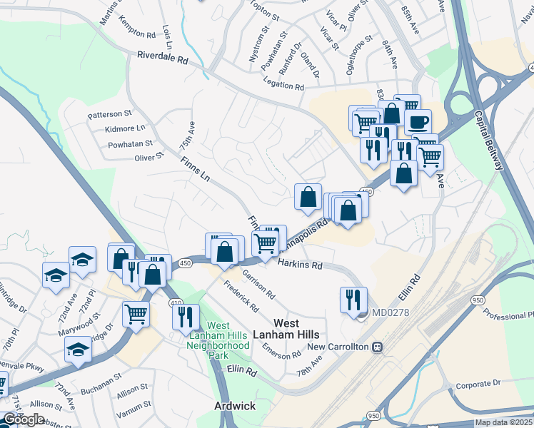 map of restaurants, bars, coffee shops, grocery stores, and more near 7742 Finns Lane in Lanham