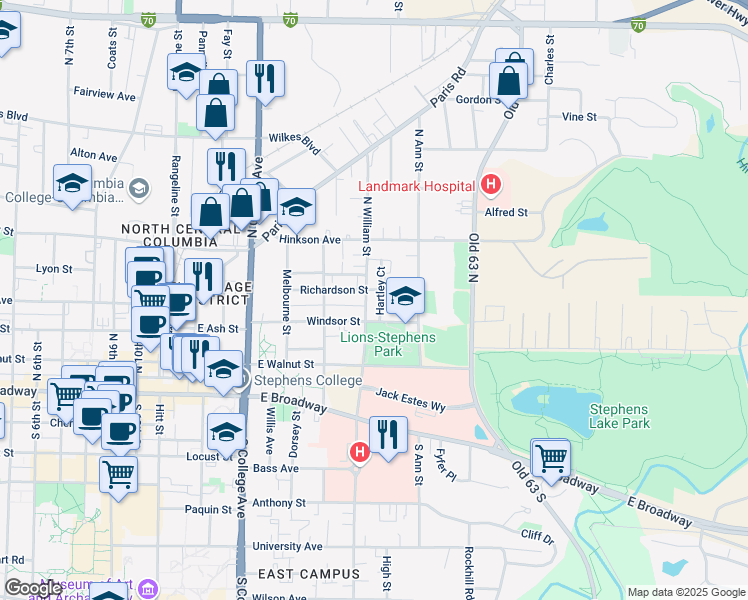 map of restaurants, bars, coffee shops, grocery stores, and more near 1604 Richardson Street in Columbia