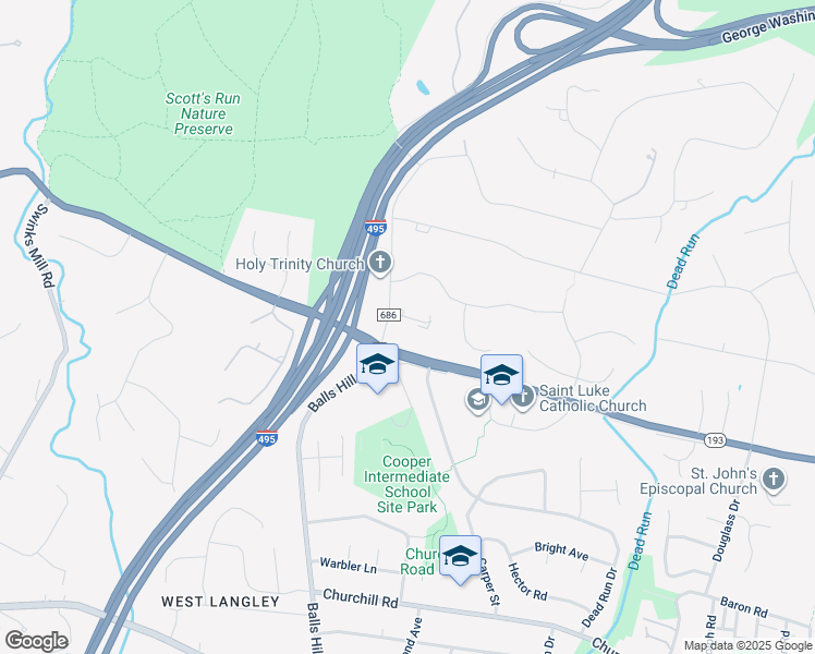 map of restaurants, bars, coffee shops, grocery stores, and more near 7105 Country Meadow Court in McLean