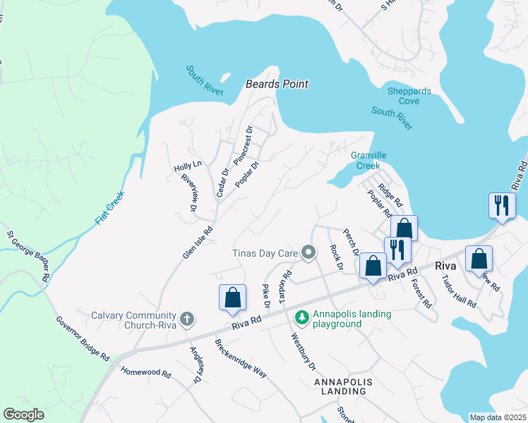 map of restaurants, bars, coffee shops, grocery stores, and more near Hambleton Road in Riva