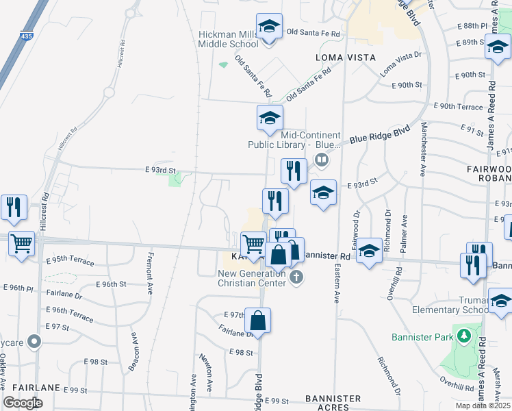 map of restaurants, bars, coffee shops, grocery stores, and more near 9340 Blue Ridge Boulevard in Kansas City