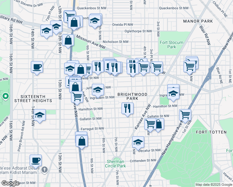 map of restaurants, bars, coffee shops, grocery stores, and more near 5311 7th Street Northwest in Washington
