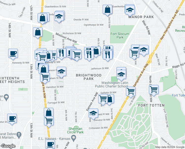 map of restaurants, bars, coffee shops, grocery stores, and more near 437 Ingraham Street Northwest in Washington