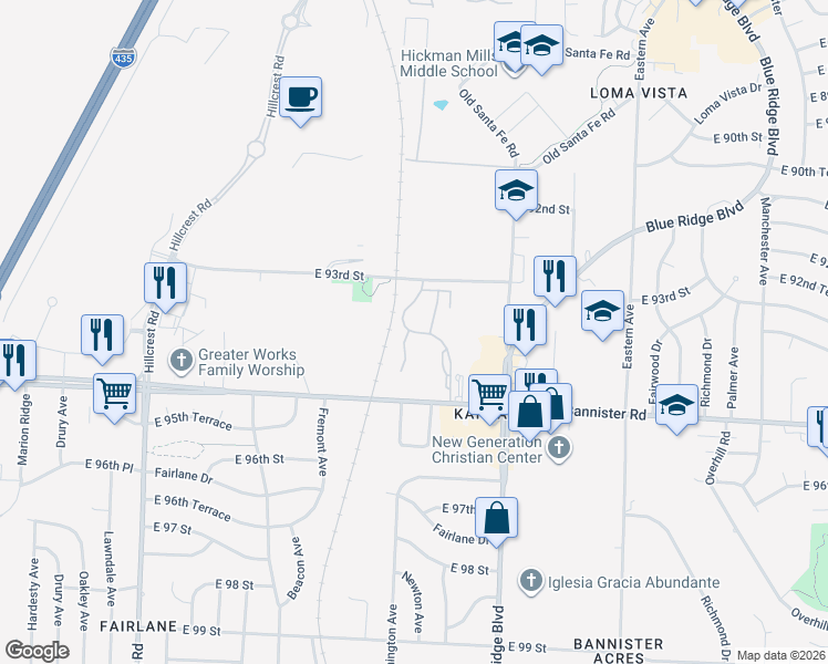 map of restaurants, bars, coffee shops, grocery stores, and more near 9333 Newton Avenue in Kansas City