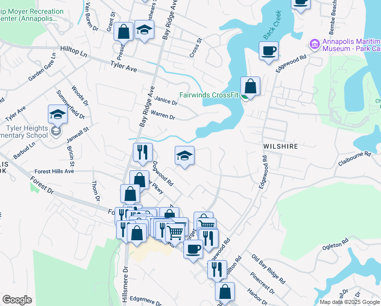 map of restaurants, bars, coffee shops, grocery stores, and more near 20 Windwhisper Lane in Annapolis