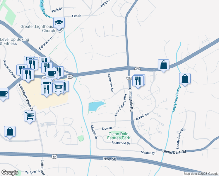 map of restaurants, bars, coffee shops, grocery stores, and more near 4806 Lakeview Lane in Bowie