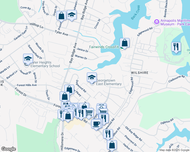 map of restaurants, bars, coffee shops, grocery stores, and more near 20 Windwhisper Lane in Annapolis