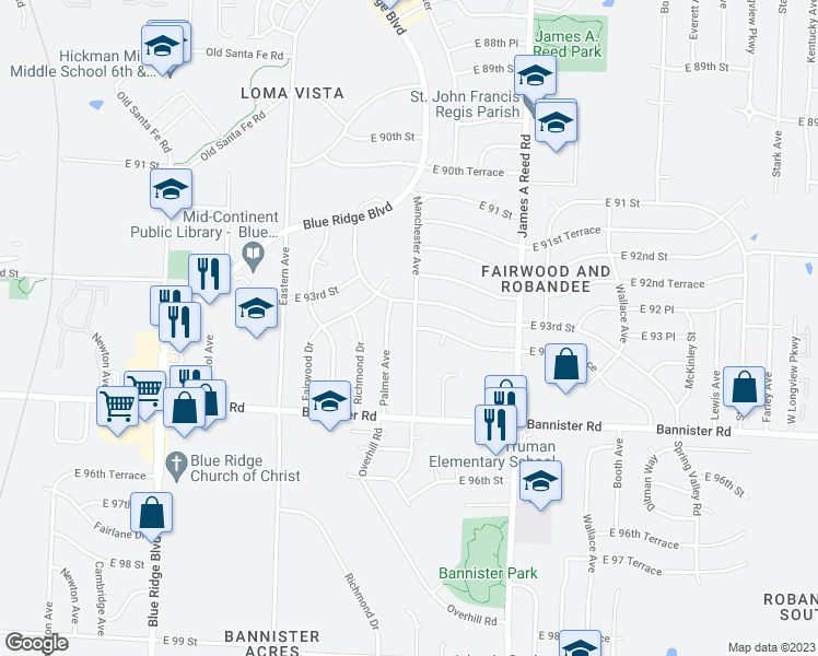 map of restaurants, bars, coffee shops, grocery stores, and more near 9306 Manchester Avenue in Kansas City