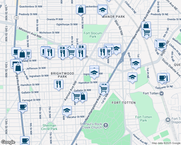 map of restaurants, bars, coffee shops, grocery stores, and more near 229 Ingraham Street Northwest in Washington