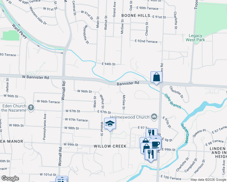 map of restaurants, bars, coffee shops, grocery stores, and more near 223 Bannister Road in Kansas City