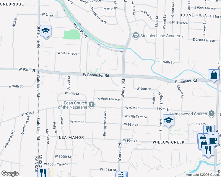 map of restaurants, bars, coffee shops, grocery stores, and more near 500 West 96th Street in Kansas City