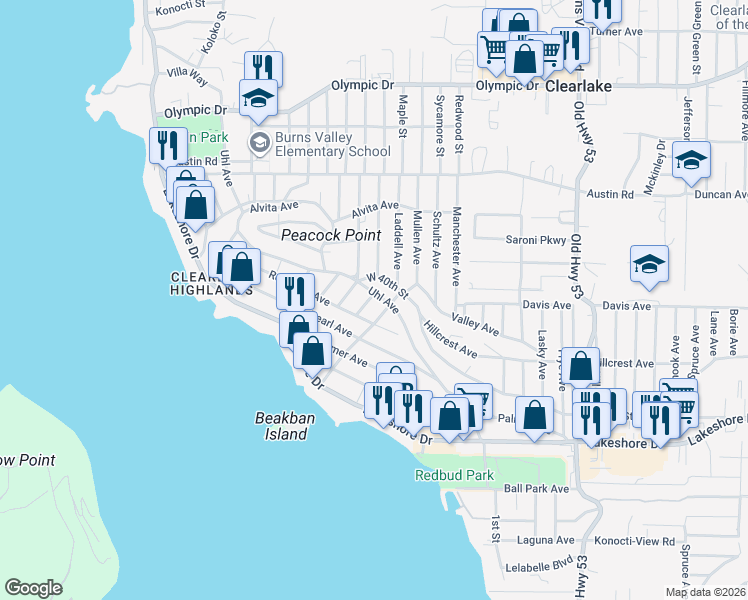 map of restaurants, bars, coffee shops, grocery stores, and more near 14565 Uhl Avenue in Clearlake