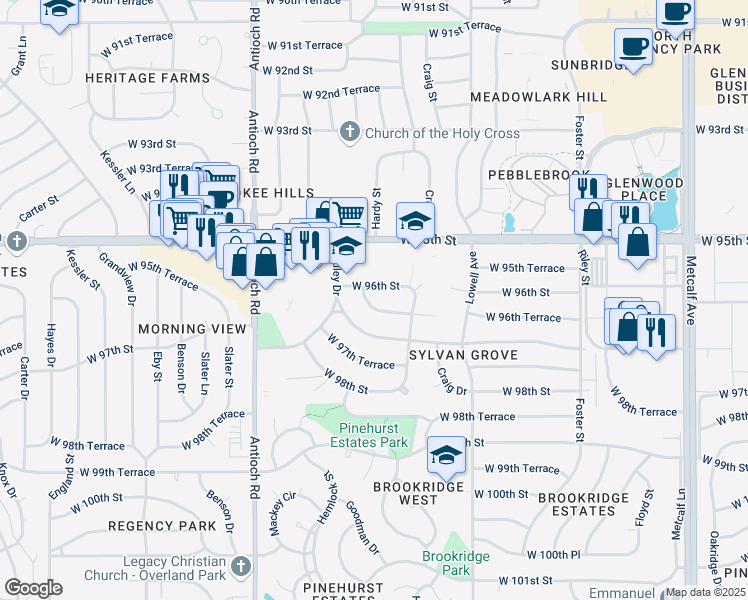 map of restaurants, bars, coffee shops, grocery stores, and more near 8224 West 96th Terrace in Overland Park