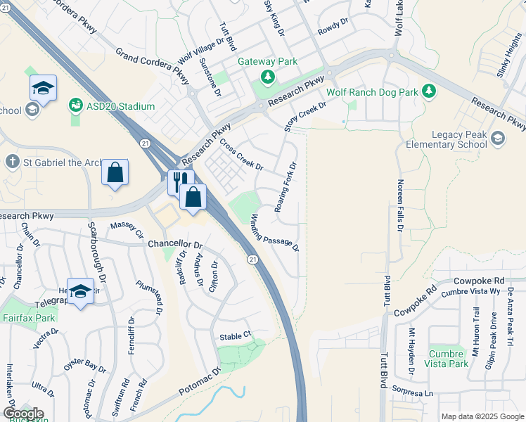 map of restaurants, bars, coffee shops, grocery stores, and more near 8557 Winding Passage Drive in Colorado Springs