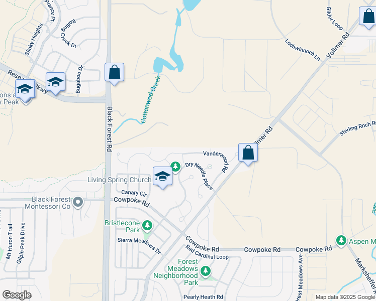 map of restaurants, bars, coffee shops, grocery stores, and more near 8834 Vanderwood Road in Colorado Springs