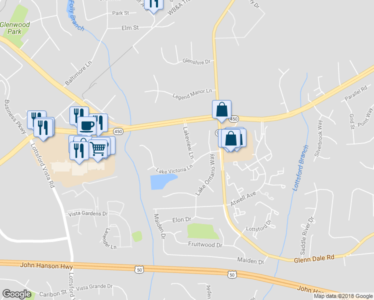 map of restaurants, bars, coffee shops, grocery stores, and more near 4806 Lakeview Lane in Bowie