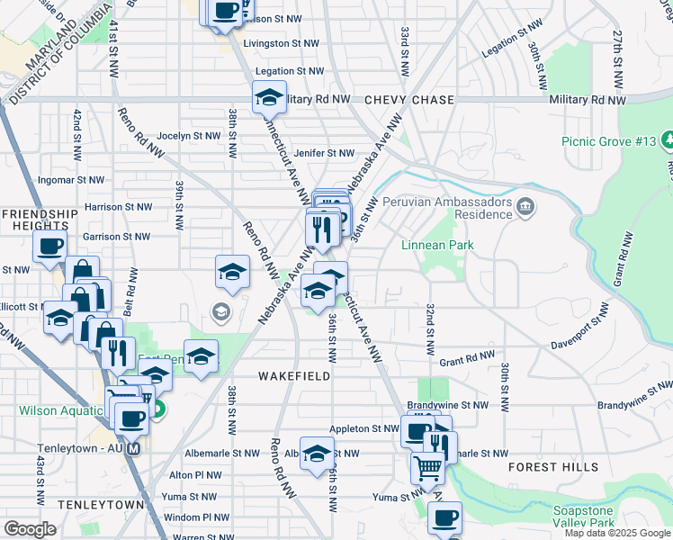 map of restaurants, bars, coffee shops, grocery stores, and more near Connecticut Ave NW & Fessenden St NW in Washington