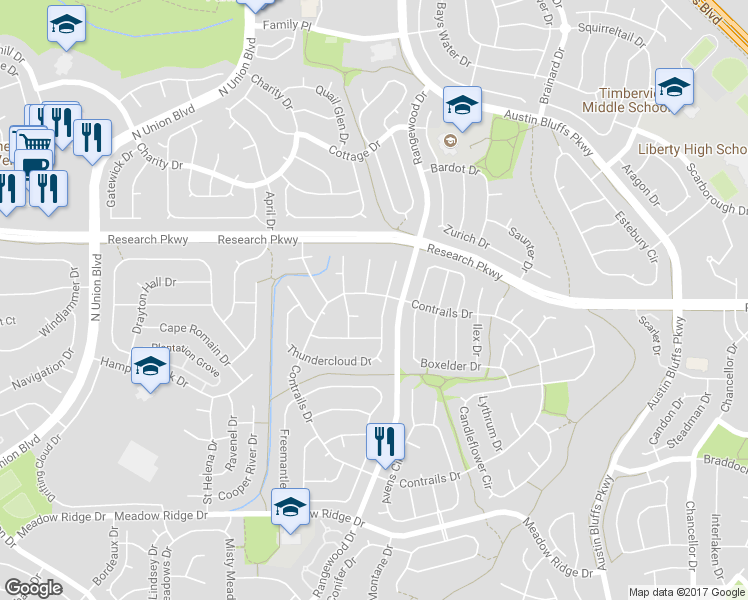 map of restaurants, bars, coffee shops, grocery stores, and more near 8585 Contrails Drive in Colorado Springs