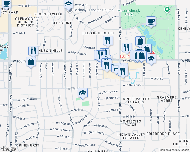 map of restaurants, bars, coffee shops, grocery stores, and more near 9587 Outlook Drive in Overland Park