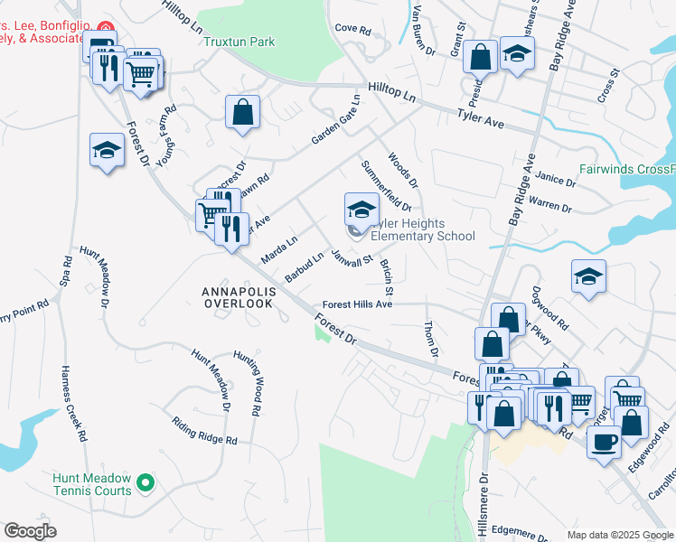 map of restaurants, bars, coffee shops, grocery stores, and more near 7 Janwall Court in Annapolis