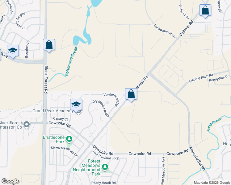 map of restaurants, bars, coffee shops, grocery stores, and more near 8974 Vanderwood Road in Colorado Springs