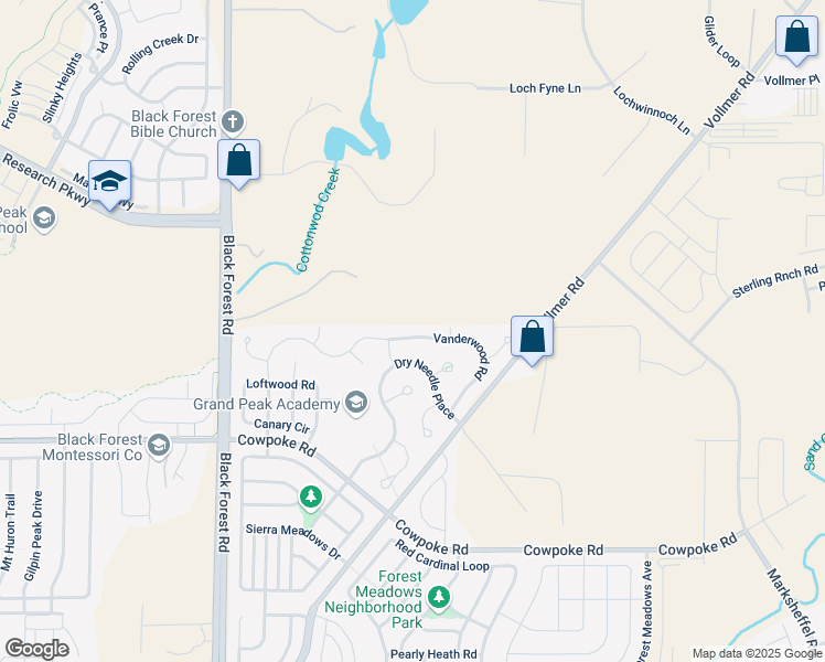 map of restaurants, bars, coffee shops, grocery stores, and more near 8834 Vanderwood Road in Colorado Springs