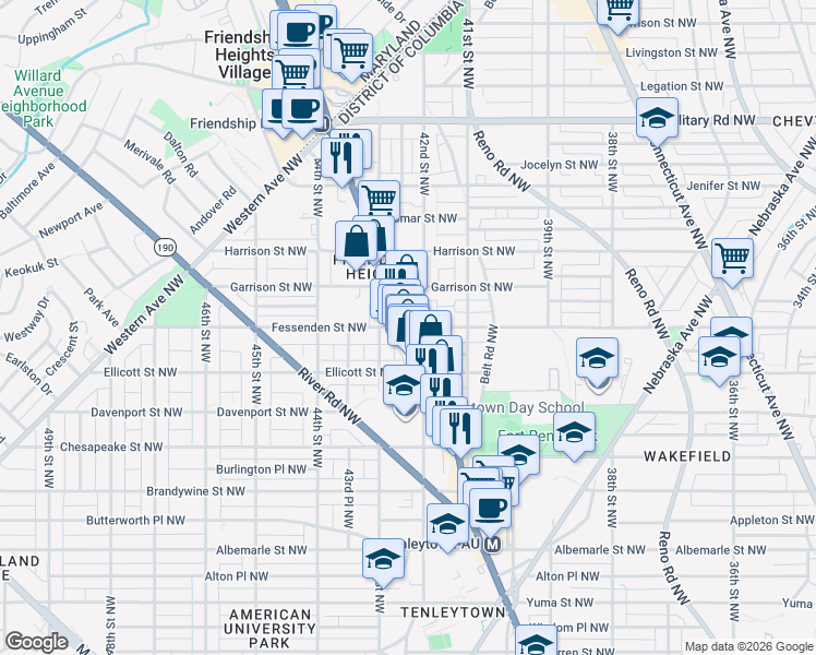 map of restaurants, bars, coffee shops, grocery stores, and more near Wisconsin Avenue Northwest & Fessenden Street Northwest in Washington