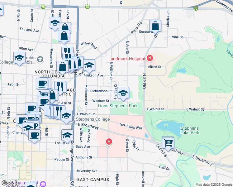 map of restaurants, bars, coffee shops, grocery stores, and more near 1604 Richardson Street in Columbia