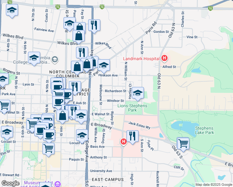 map of restaurants, bars, coffee shops, grocery stores, and more near 1510 Richardson Street in Columbia