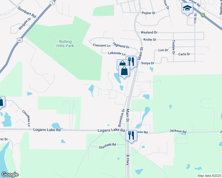 map of restaurants, bars, coffee shops, grocery stores, and more near 395 Boone Village Drive in Boonville