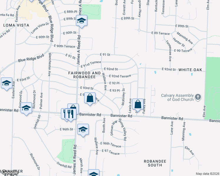 map of restaurants, bars, coffee shops, grocery stores, and more near 8501 East 92 Place in Kansas City