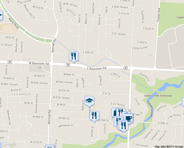 map of restaurants, bars, coffee shops, grocery stores, and more near 223 Bannister Road in Kansas City