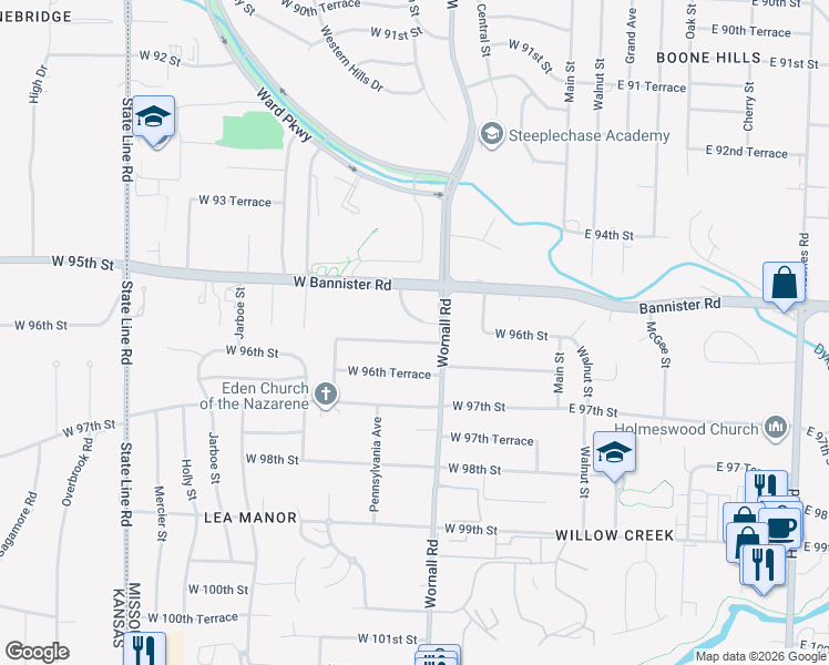 map of restaurants, bars, coffee shops, grocery stores, and more near 500 West 96th Street in Kansas City