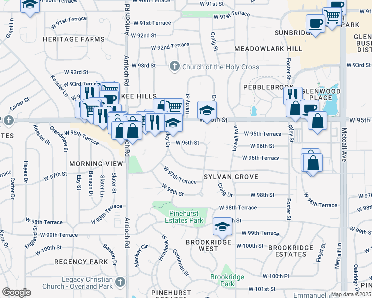map of restaurants, bars, coffee shops, grocery stores, and more near 8224 West 96th Terrace in Overland Park