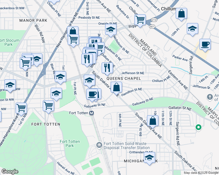 map of restaurants, bars, coffee shops, grocery stores, and more near 5330 South Dakota Avenue Northeast in Washington