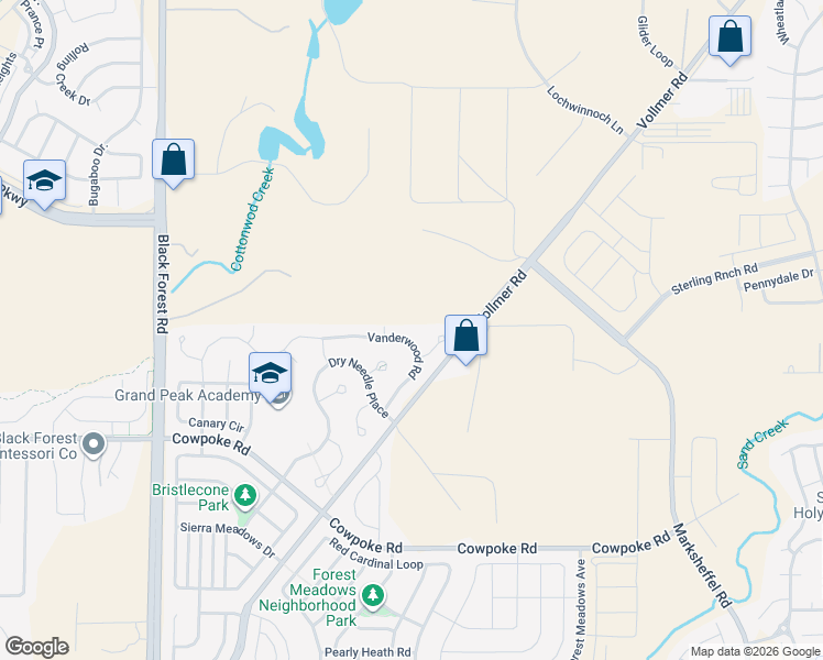 map of restaurants, bars, coffee shops, grocery stores, and more near 8974 Vanderwood Road in Colorado Springs