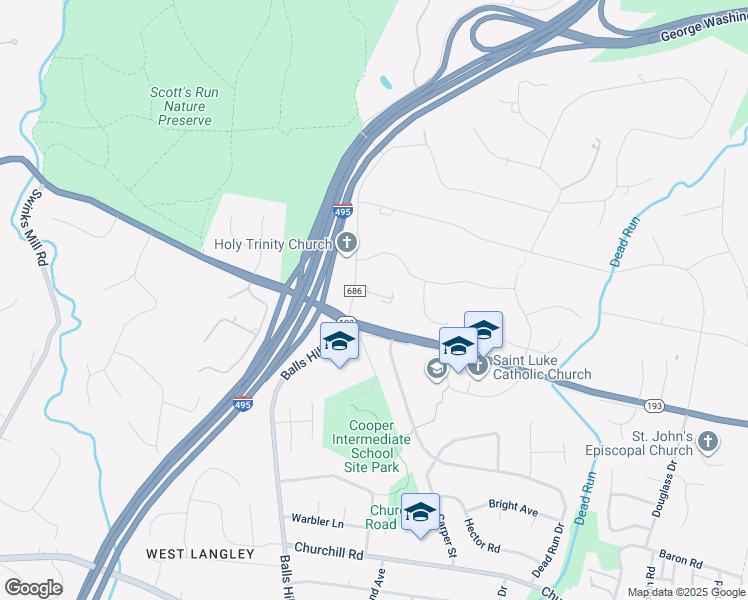 map of restaurants, bars, coffee shops, grocery stores, and more near 7105 Country Meadow Court in McLean