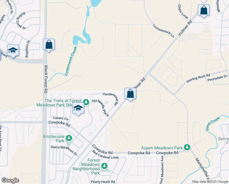 map of restaurants, bars, coffee shops, grocery stores, and more near 8974 Vanderwood Road in Colorado Springs