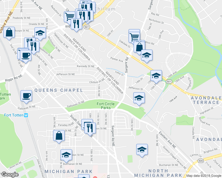 map of restaurants, bars, coffee shops, grocery stores, and more near 5139 12th Street Northeast in Washington