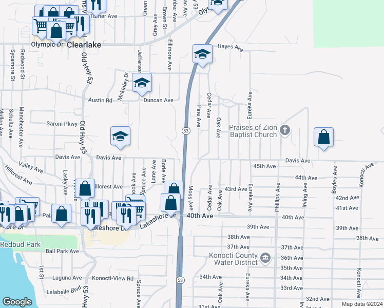 map of restaurants, bars, coffee shops, grocery stores, and more near 15500 Davis Avenue in Clearlake